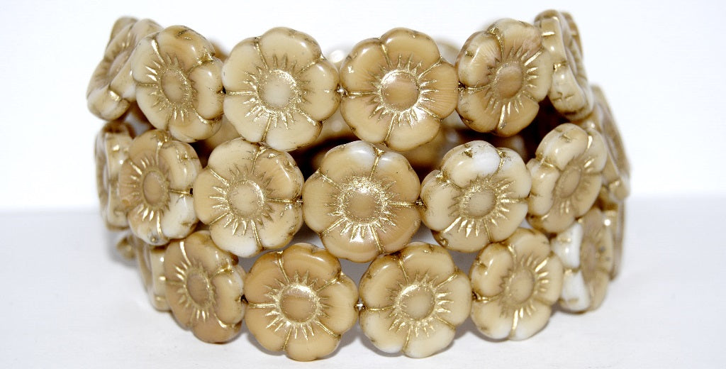 Round Flat Flower Pressed Glass Beads, Dark Beige 54202 (7193 54202), Glass, Czech Republic