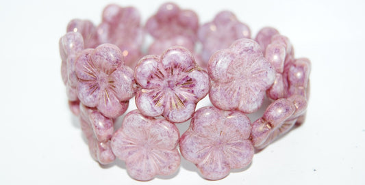 Round Flower Hibiskus Pressed Glass Beads, White Luster Violet Full Coated (2010 14496), Glass, Czech Republic