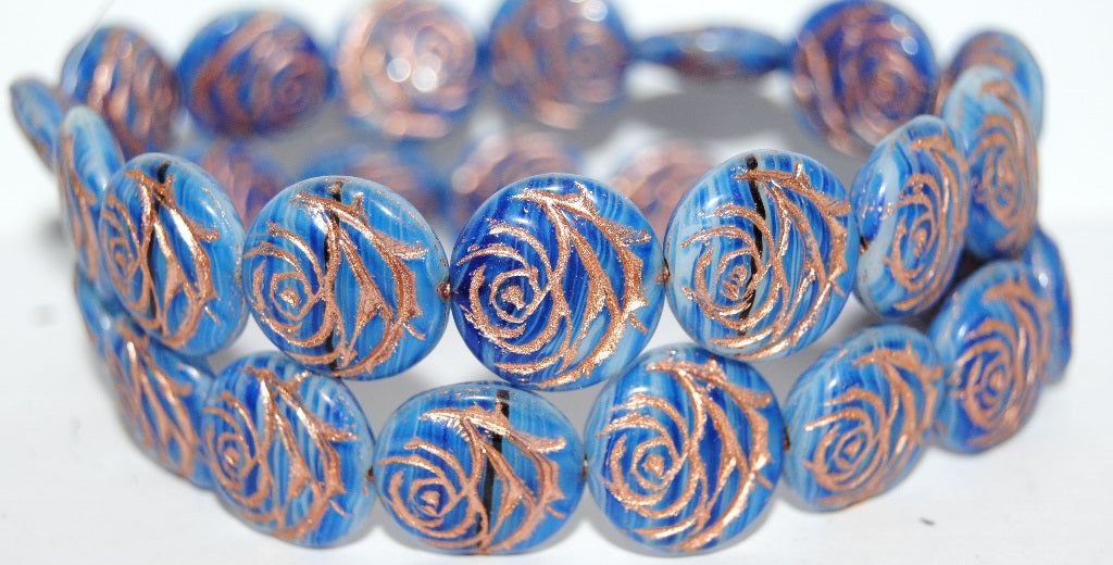 Round Flat Rose Flower Pressed Glass Beads, (65000 54200), Glass, Czech Republic