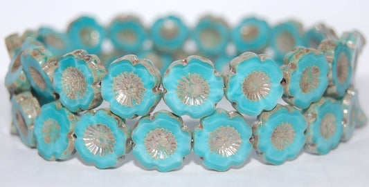 Table Cut Round Beads Hawaii Flowers, Turquise 43400 (63140 43400), Glass, Czech Republic