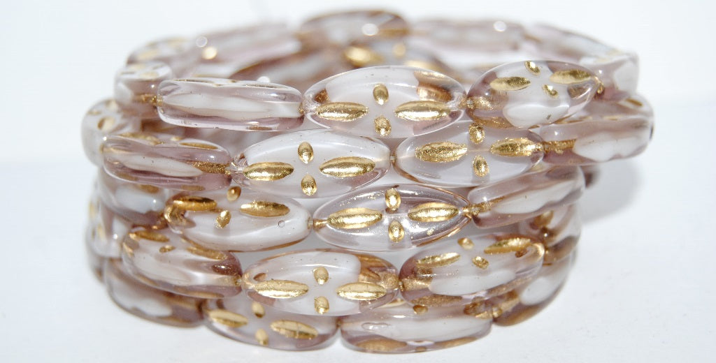 Boat Oval Pressed Glass Beads With Decor, (6008 54202), Glass, Czech Republic