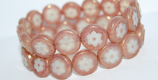 Table Cut Round Beads With Flower, Beige Bronze (84000 14415), Glass, Czech Republic