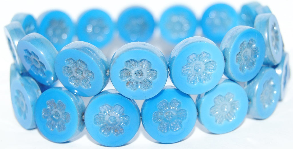 Table Cut Round Beads With Flower, Blue Luster Cream (62010 14401), Glass, Czech Republic