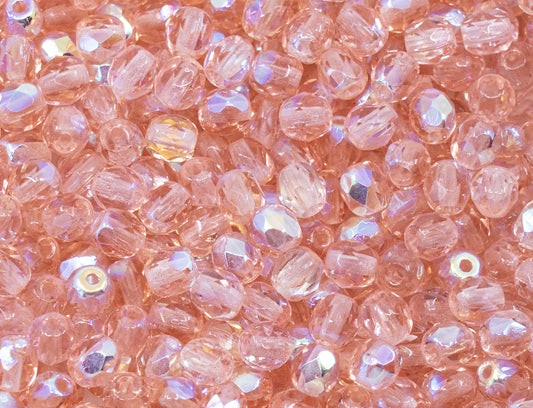 Faceted Fire Polished Pressed Czech Glass Beads, 70120-28701 Pink Rosaline AB