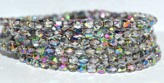Fire Polished Round Faceted Beads, Crystal Vitrail Medium Coating (28101), Glass, Czech Republic