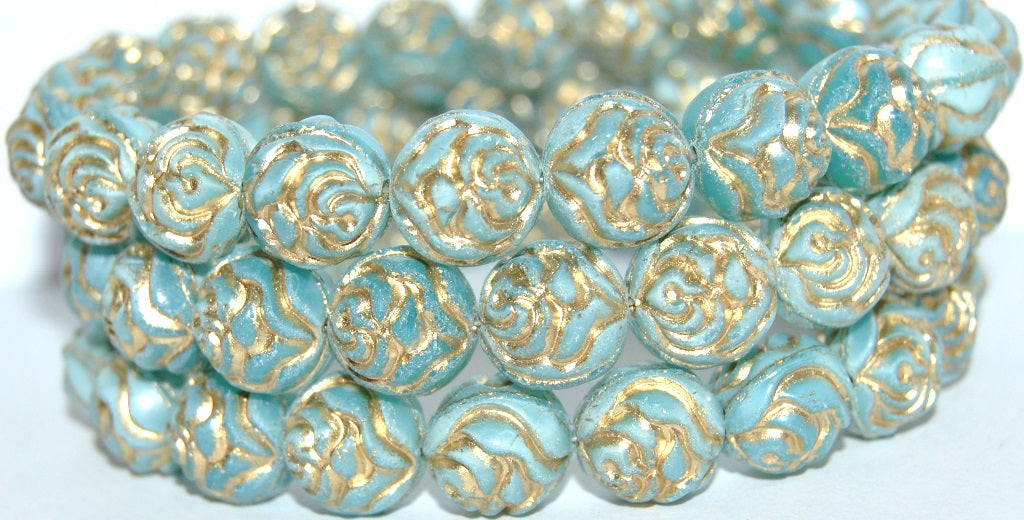 Round Rose Pressed Glass Beads, Opal Aqua 54202 (61300 54202), Glass, Czech Republic