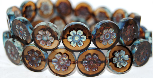 Table Cut Round Beads With Flower, Transparent Brown 66800 (10210 66800), Glass, Czech Republic