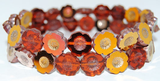 Table Cut Round Beads Hawaii Flowers, Transparent Orange 27101 (90020 27101), Glass, Czech Republic