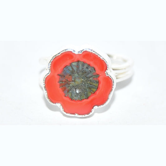 Adjustable Ring with Polished Czech Glass Bead, Hawaiian Flower 14 mm (G-19-G)