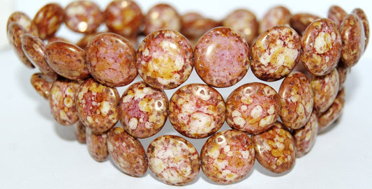 Flat Round Pressed Glass Beads With Ornament, Senegal Red (15675), Glass, Czech Republic