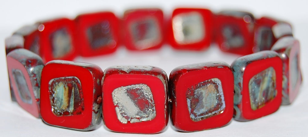 Table Cut Square Beads With Turned Square, Opaque Red 43400 (93200 43400), Glass, Czech Republic