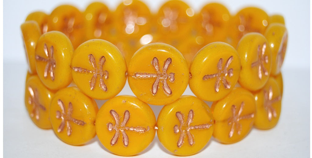 Round Flat Wit Dragonfly Pressed Glass Beads, Opal Yellow 54200 (81210 54200), Glass, Czech Republic