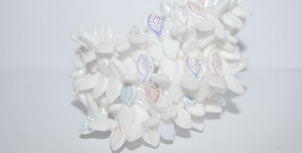 Elm Leaf Pressed Glass Beads, Chalk White Ab (3000 Ab), Glass, Czech Republic