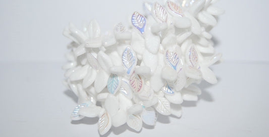 Elm Leaf Pressed Glass Beads, Chalk White Ab (3000 Ab), Glass, Czech Republic
