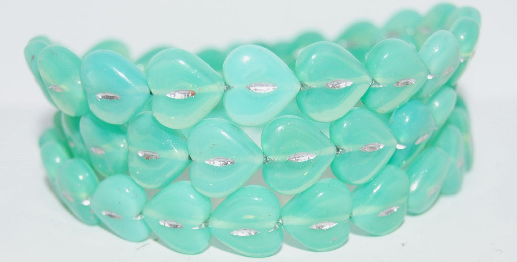 Heart Pressed Glass Beads, Opal Aqua 54201 (61100 54201), Glass, Czech Republic