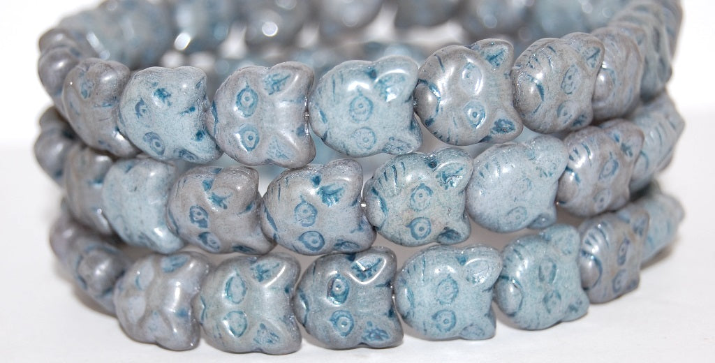 Cat Head Muzzle Pressed Glass Beads, Luster Blue Full Coated (14464), Glass, Czech Republic