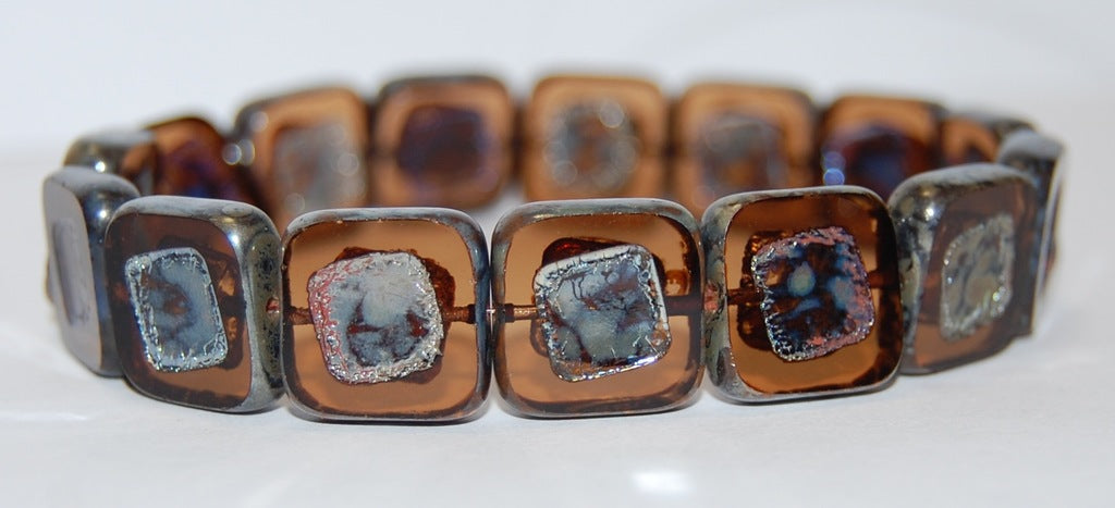 Table Cut Square Beads With Turned Square, Transparent Brown 43400 (10230 43400), Glass, Czech Republic