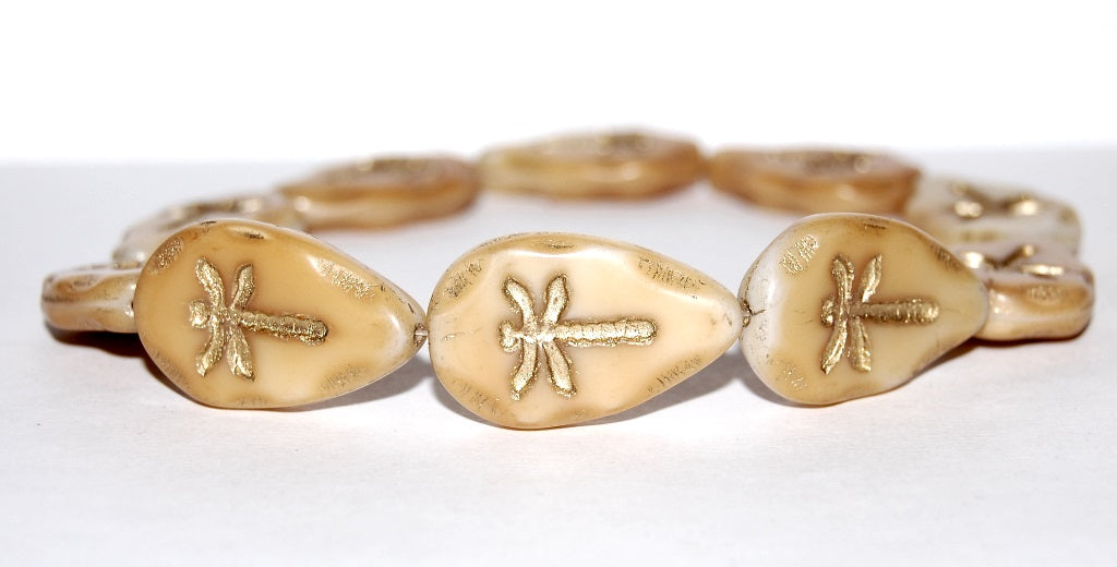 Leaf With Drahonfly Pressed Glass Beads, Dark Beige 54202 (7193 54202), Glass, Czech Republic