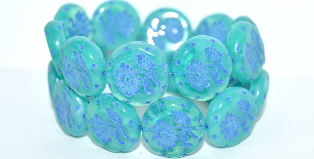 Round Flat With Flower Marguerite Pressed Glass Beads, Opal Aqua 46430 (61100 46430), Glass, Czech Republic