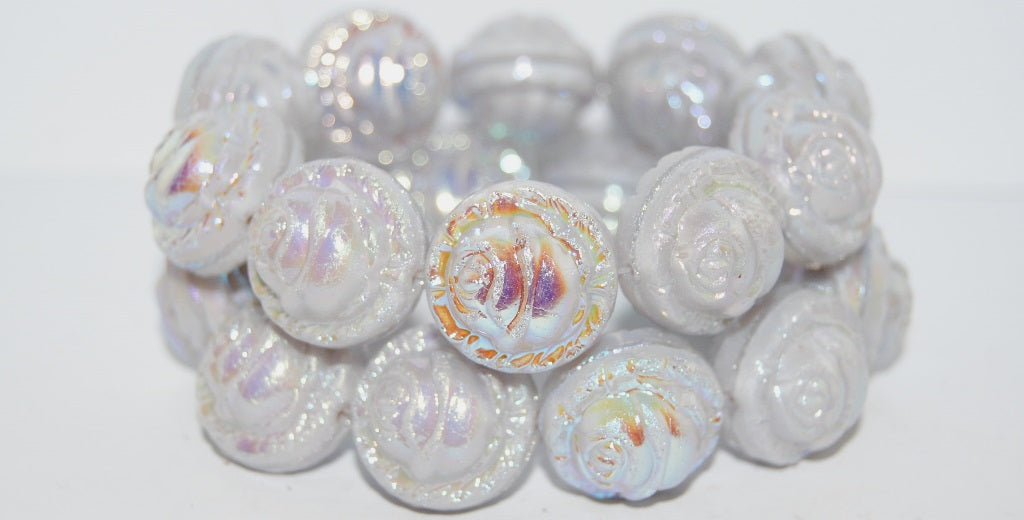 Round With Rose Flower Pressed Glass Beads, (24010 Ab 2X), Glass, Czech Republic