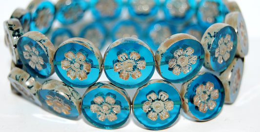 Table Cut Round Beads With Flower, Transparent Aqua 43400 (60050 43400), Glass, Czech Republic
