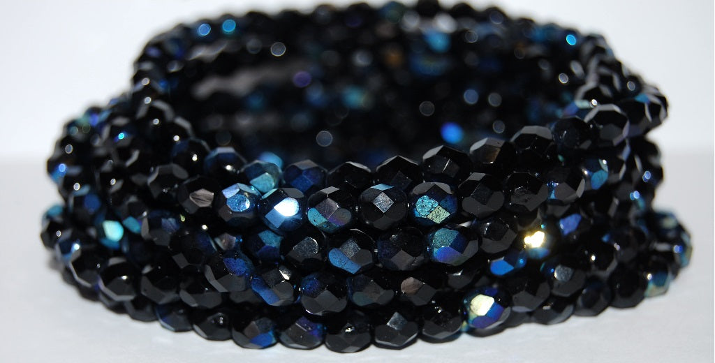 Fire Polished Round Faceted Beads, Black Ab (23980 Ab), Glass, Czech Republic