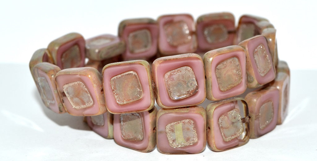 Table Cut Square Beads With Turned Square, Opaque Pink 43400 (74020 43400), Glass, Czech Republic