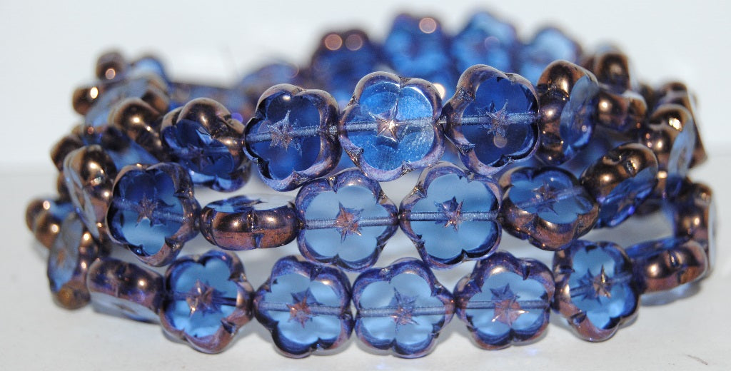 Table Cut Flower Beads, Transparent Blue Bronze (30040 14415), Glass, Czech Republic