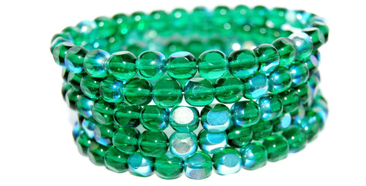 3-Cut Round Beads, Transparent Green Emerald Ab (50720 Ab), Glass, Czech Republic