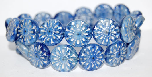 Flat Round With Flower Pressed Glass Beads, (65014 54201), Glass, Czech Republic