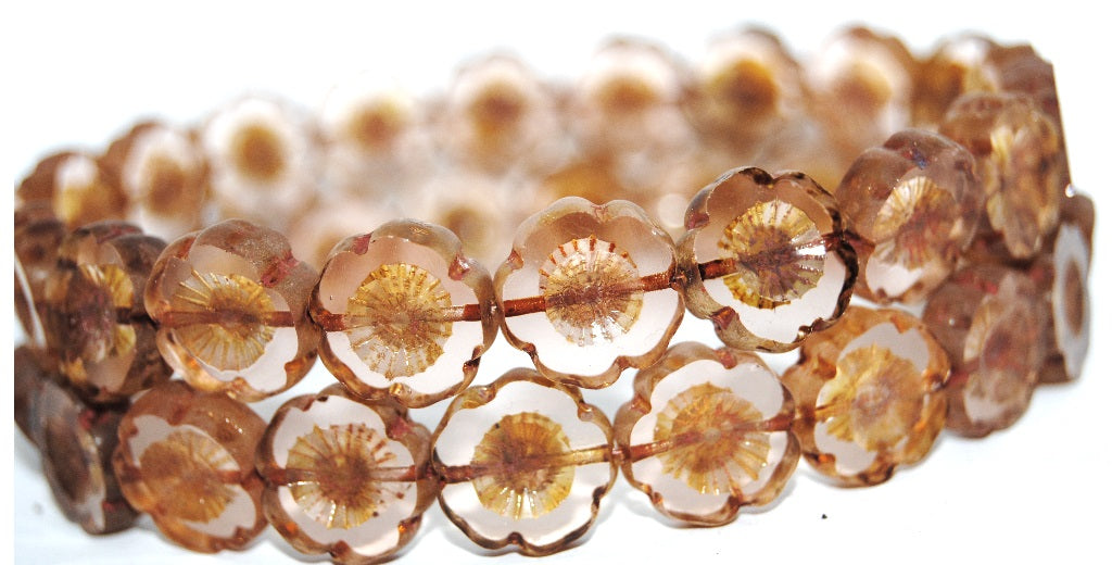 Table Cut Round Beads Hawaii Flowers, Transparent Pink Travertin (70110 86800), Glass, Czech Republic