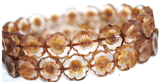 Table Cut Round Beads Hawaii Flowers, Transparent Pink Travertin (70110 86800), Glass, Czech Republic