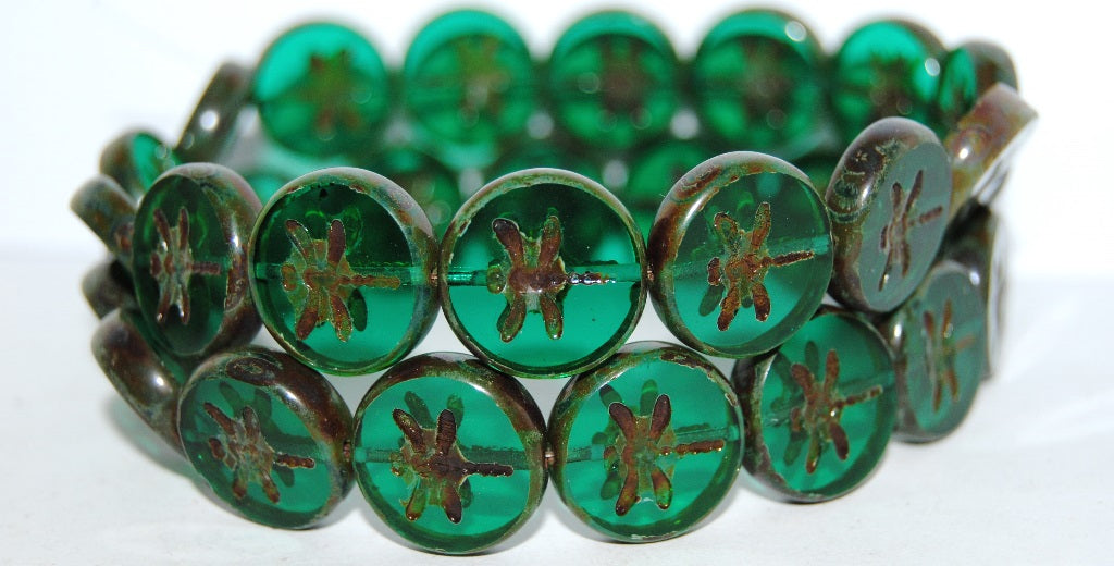 Table Cut Round Beads With Dragonfly, Transparent Green Emerald Travertin (50720 86800), Glass, Czech Republic