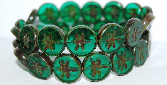 Table Cut Round Beads With Dragonfly, Transparent Green Emerald Travertin (50720 86800), Glass, Czech Republic