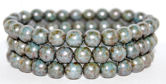 Round Pressed Glass Beads Druck, Chalk White Luminescent Green (3000 65431), Glass, Czech Republic