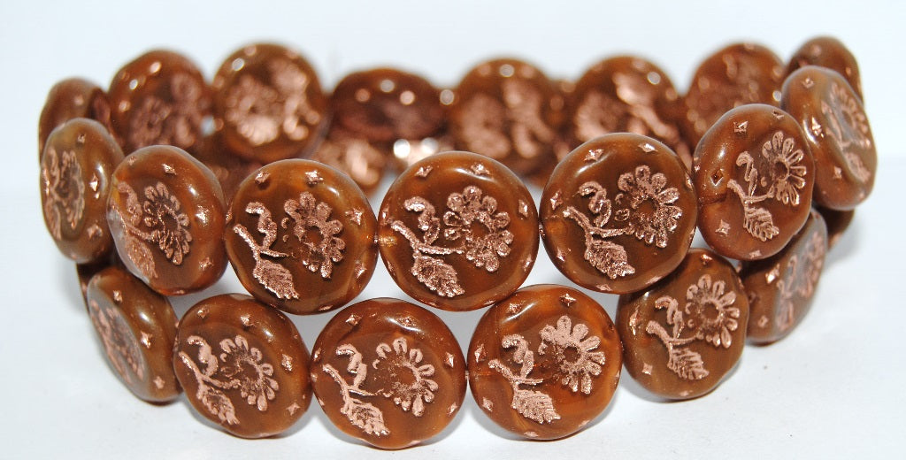 Round Flat With Flower Marguerite Pressed Glass Beads, (16616 54200), Glass, Czech Republic