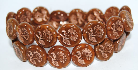 Round Flat With Flower Marguerite Pressed Glass Beads, (16616 54200), Glass, Czech Republic