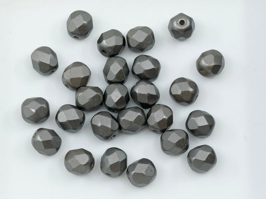 Facted Fire Polish Round Beads Pastel Gray (25035), Glass, Czech Republic