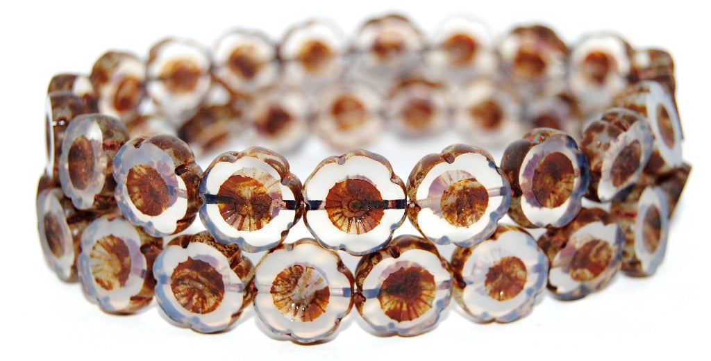 Table Cut Round Beads Hawaii Flowers, 1100 Travertin (1100 86800), Glass, Czech Republic