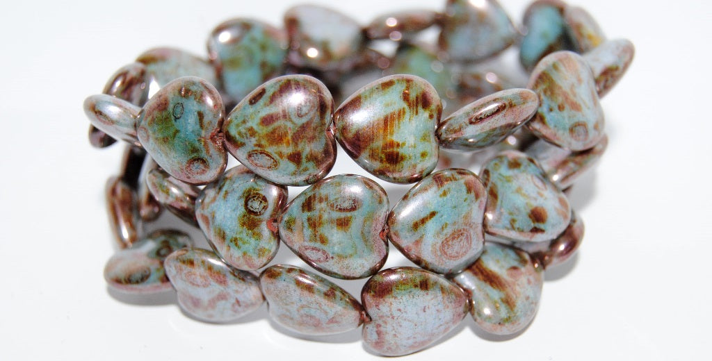 Heart Pressed Glass Beads, Chalk White Senegal Blue (3000 15664), Glass, Czech Republic