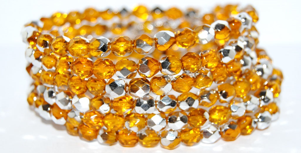 Fire Polished Round Faceted Beads, Transparent Orange Crystal Silver Half Coating (90020 27001), Glass, Czech Republic