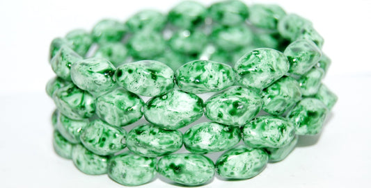 Twisted Oval Pressed Glass Beads, Chalk White Lava Glass Green (3000 Lava Glass Green), Glass, Czech Republic