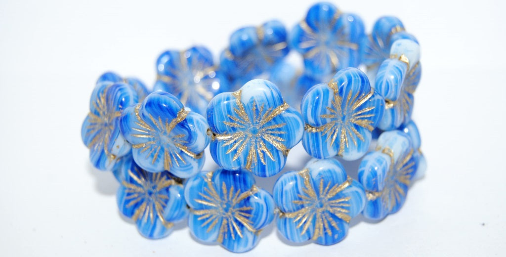 Round Flower Hibiskus Pressed Glass Beads, Opaque White Blue Striped 54202 (35000 54202), Glass, Czech Republic