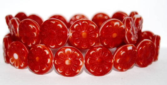 Flat Round With Flower Pressed Glass Beads, Coral (7913), Glass, Czech Republic