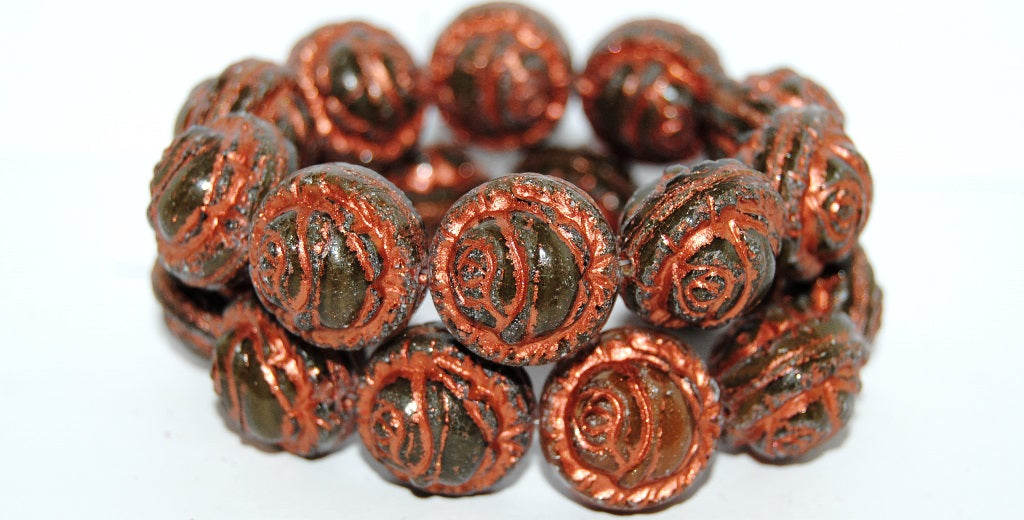 Round With Rose Flower Pressed Glass Beads, (16617 55307), Glass, Czech Republic
