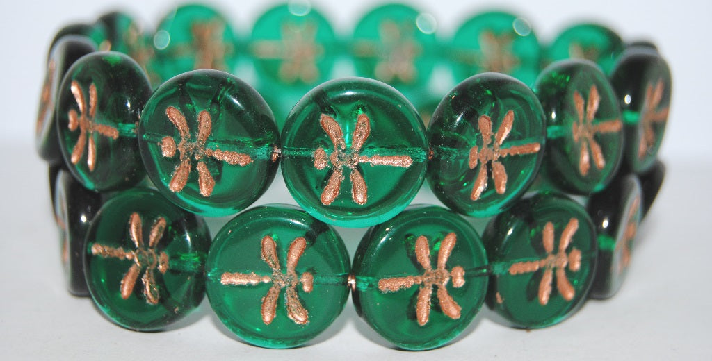 Round Flat Wit Dragonfly Pressed Glass Beads, Transparent Green Emerald 54200 (50720 54200), Glass, Czech Republic