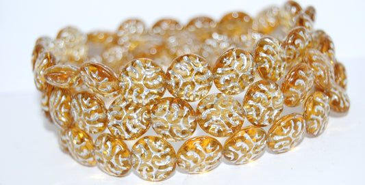 Lentil Round With Ornament Brain Pressed Glass Beads, Transparent Orange 54201 (10040 54201), Glass, Czech Republic