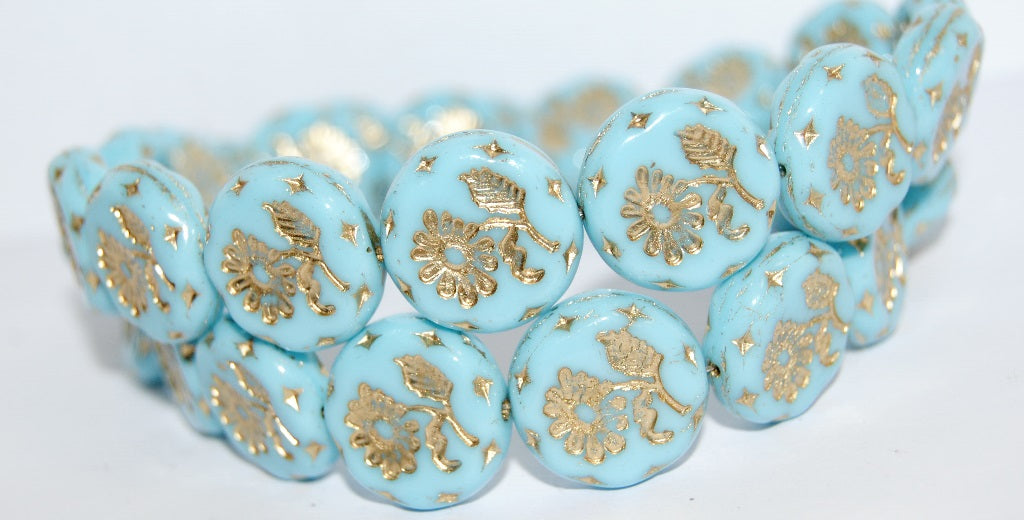 Round Flat With Flower Marguerite Pressed Glass Beads, Blue 54202 (63010 54202), Glass, Czech Republic