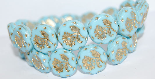 Round Flat With Flower Marguerite Pressed Glass Beads, Blue 54202 (63010 54202), Glass, Czech Republic