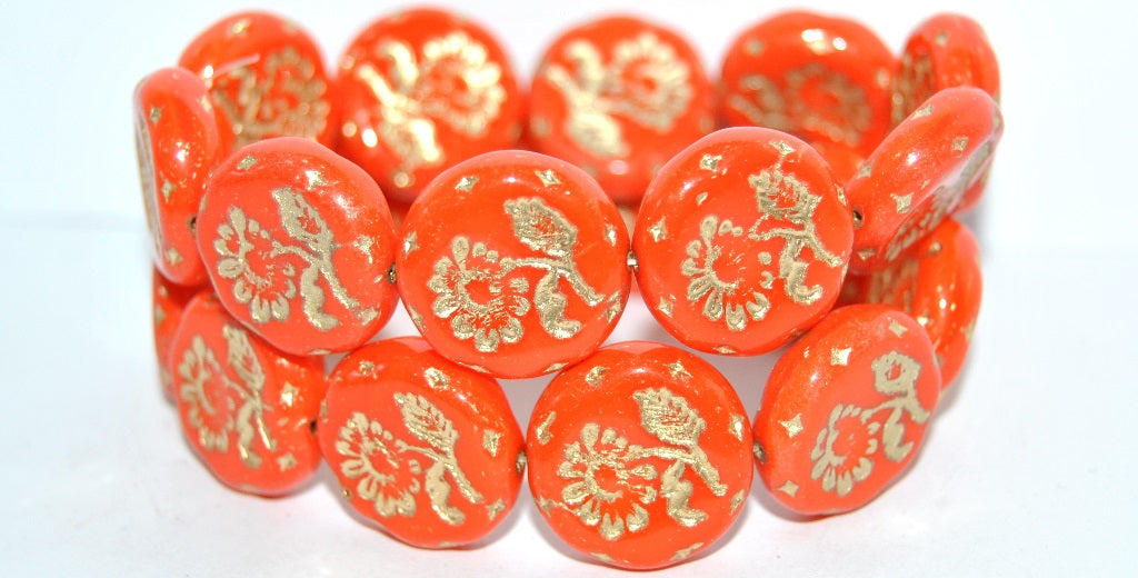 Round Flat With Flower Marguerite Pressed Glass Beads, Deep Orange  54202 (93140 54202), Glass, Czech Republic